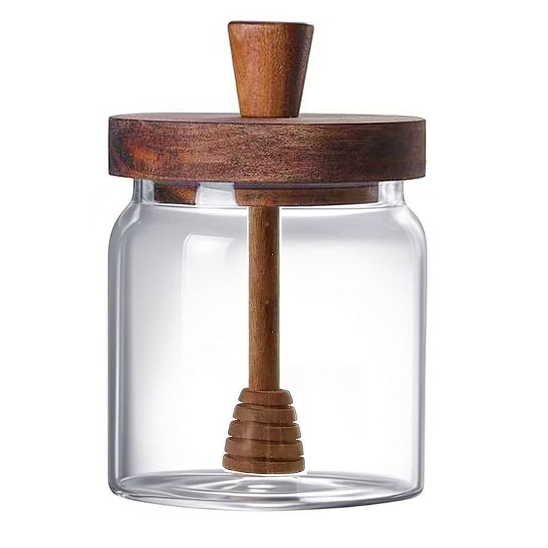 Glass Honey Jar with Dipper and Lid, 14 OZ Airtight Honeypot with Acacia Wood…