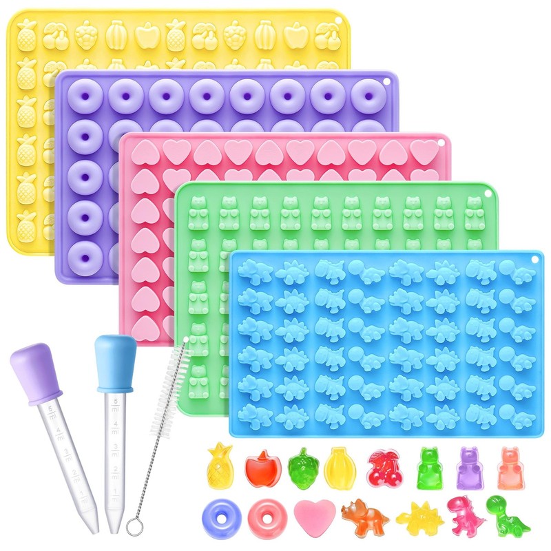 Silicone Gummy Molds Set of 5, Non-stick Candy Chocolate Molds with 2 Dropper…