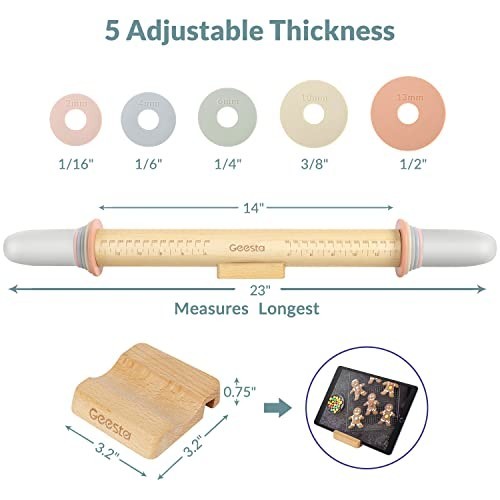 Adjustable Wood Rolling Pin with 5 Thickness Rings - Dough Roller for Baking, Pi gallery