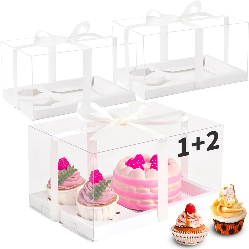 5 Pack Bento Cake and Cupcake Box with Gift Ribbon,Clear Window 1+2 Combination