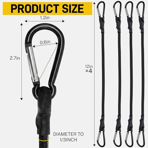 Heavy Duty 12" Bungee Cords with Carabiner Hooks - 4 Pack - 12" x 4pcs gallery