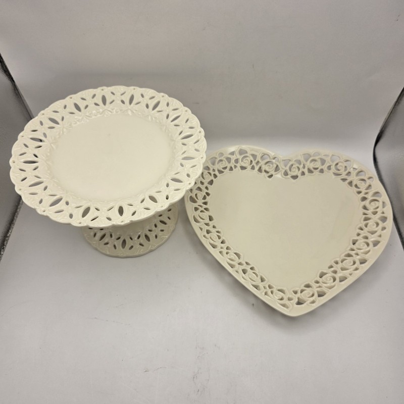Porcelain Pedestal Cake Stand Lace Pattern Edge I. Godinger & Co. + Heart Plate