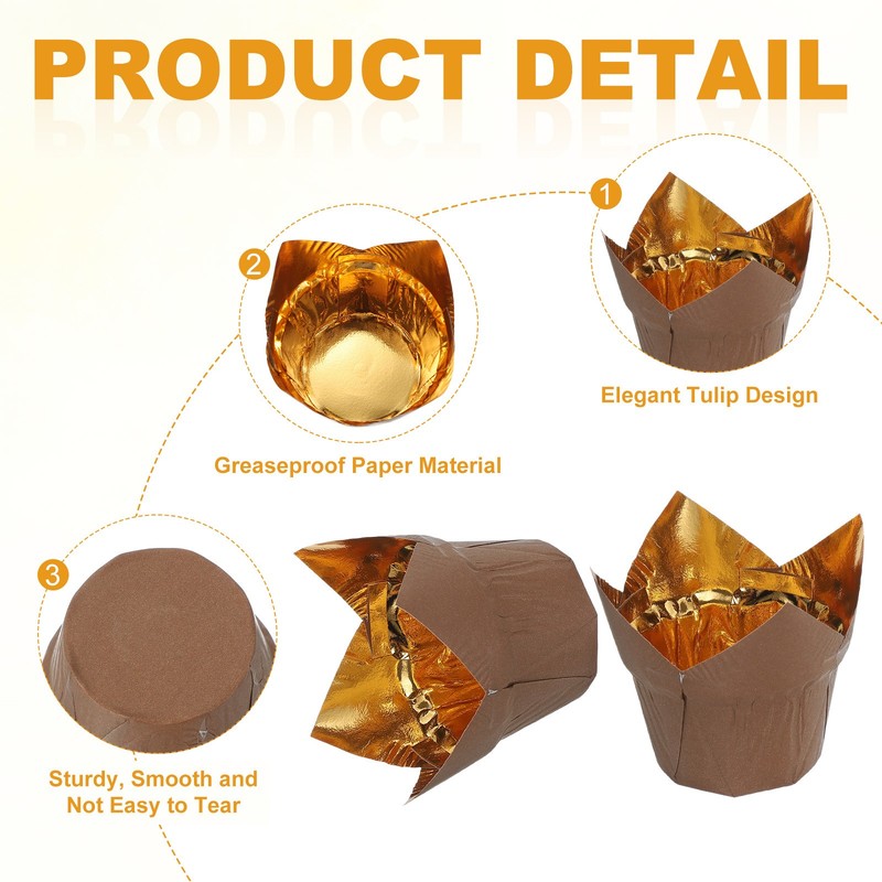 50Pcs Tulip Baking Cups Cupcake Muffins Liners Aluminum Foil(Gold/White&Coffee) gallery