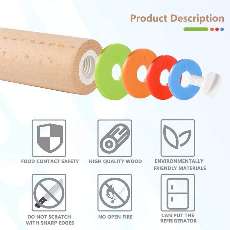 Wood Rolling Pin With 4 Adjustable Thickness Rings, Non-stick Dough Roller For B gallery