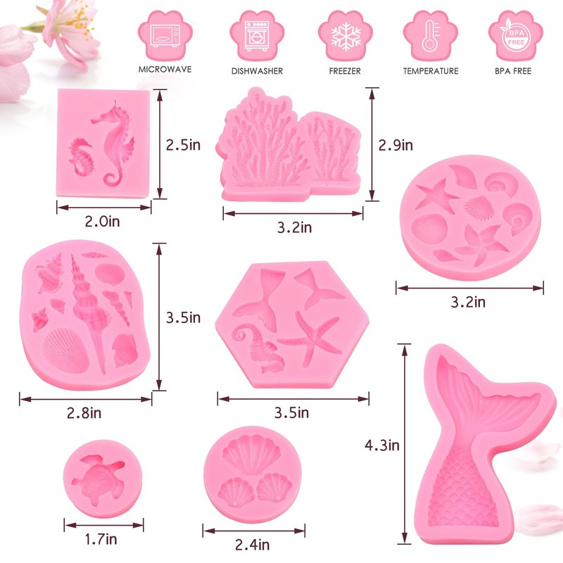 Mermaid Theme Cake Mold, Mermaid, Shell, Seaweed, Coral Silicone Mold Cupcake To gallery
