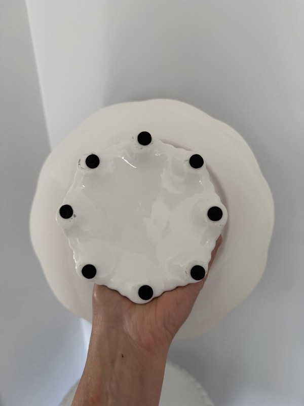 Vintage White & Gold Glossy Ceramic Pedestal Cake Stand Swirl 12 in Round gallery