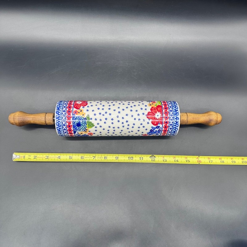 Pioneer Woman Ceramic Rolling Pin Dazzling Dahlias Retired Acacia Wood Handles gallery