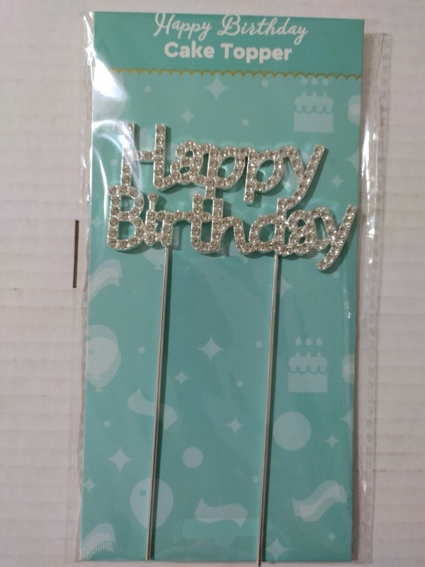 1 Pcs Silver Happy Birthday Pearl Rhinestone Cake Topper Adults Kids Party Event