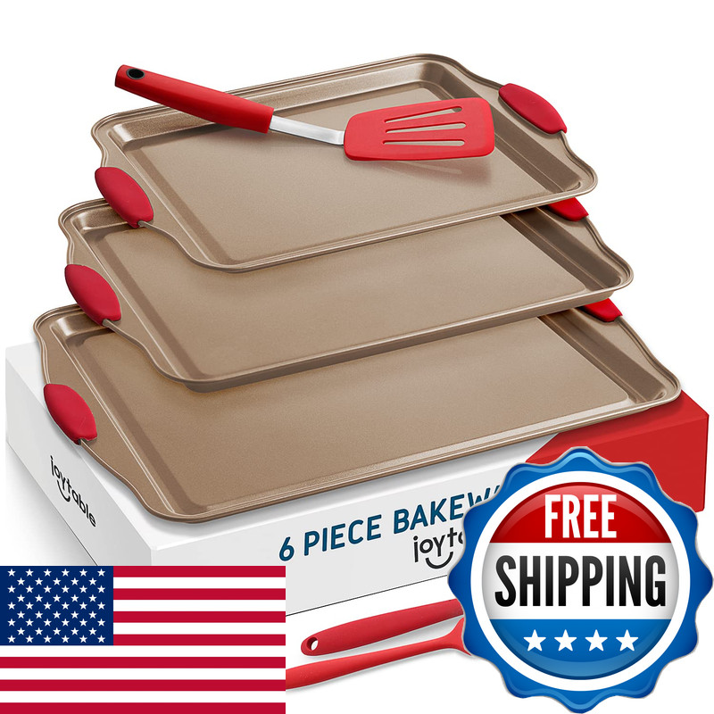 Joytable Baking Sheet Set 3-Piece Cookie Sheet Set Silicone Handles Steel