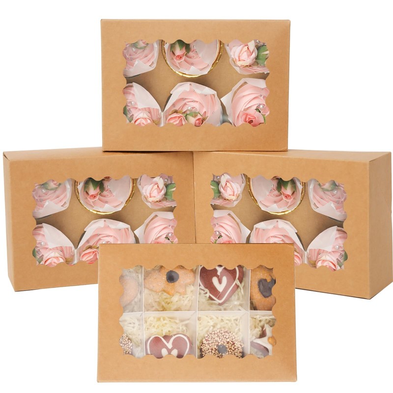 Brown 6 Cupcake Boxes with Window 30 Auto pop up Packs Cupcake Box 9.4″x6.1″x…