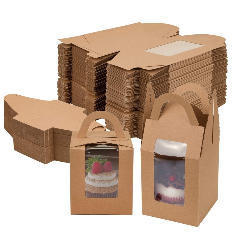 100 Pack Cupcake Box, Kraft Paper Individual Cupcake Container with Window an…