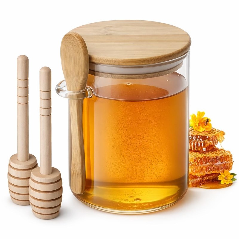 Yomjar 24 Oz Honey Jar, Glass Honey Dispenser with Bamboo Lid and Spoon, Airt...