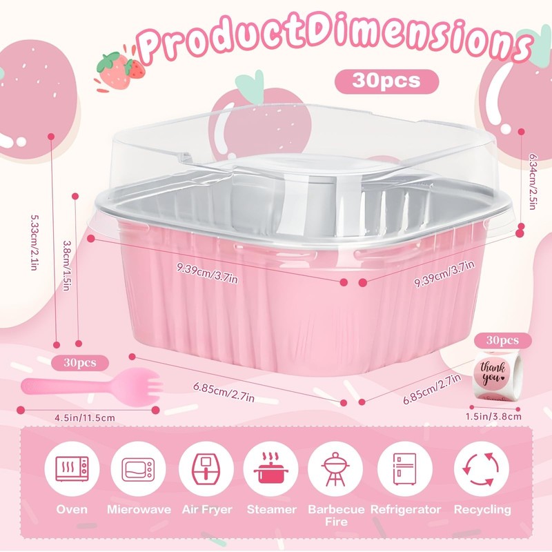 30 Pack 5oz Pink Mini Cake Pans with Lids and Spoons - Aluminum Baking Cups gallery