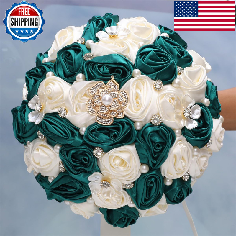 Tuagymkr Handmade Rhinestone Brooch Satin Bridal Bouquet7.5Inch Crystal Wedding