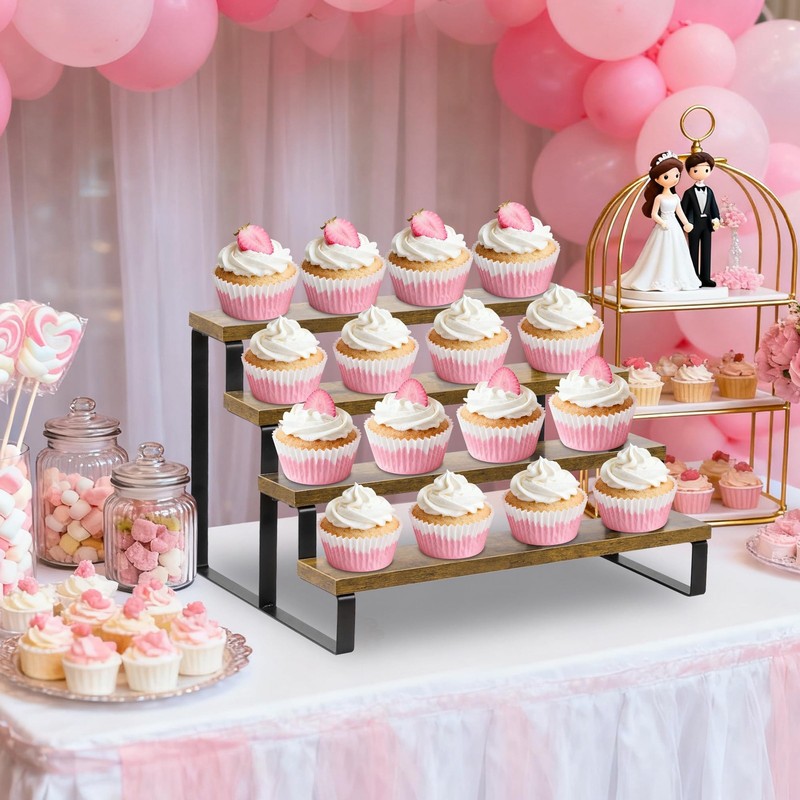 Rustic Wood Stair Cupcake Stand, 4 Tier Stepped Cupcake Holder for Party, Far... gallery