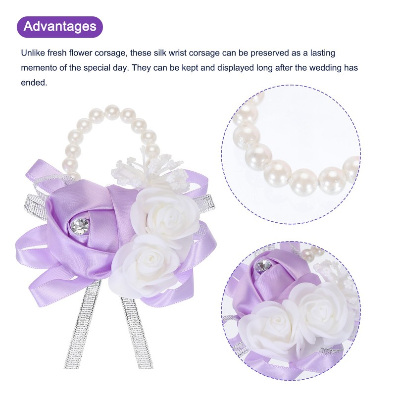 3Pcs Wrist Corsage Artificial Flower Bracelet Rose Wrist Decorative Light Purple gallery