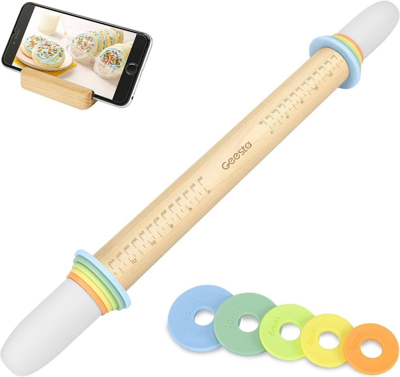 Adjustable Wood Rolling Pin with 5 Thickness Rings, Precise Dough Roller Handle