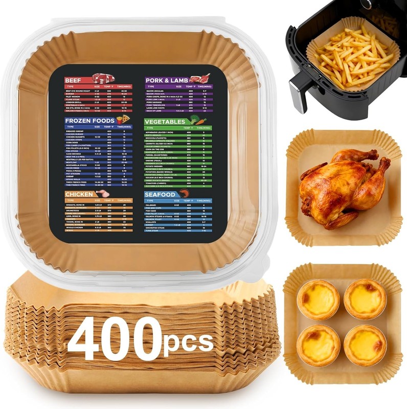 400 Pcs Air Fryer Liners Disposable, 8” Square Unbleached Heavy Duty Air