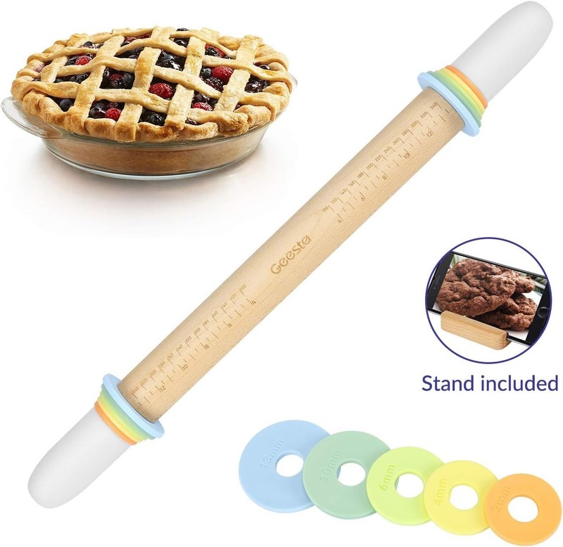 Adjustable Wood Rolling Pin with 5 Thickness Rings, Precise Dough Roller Hand... gallery