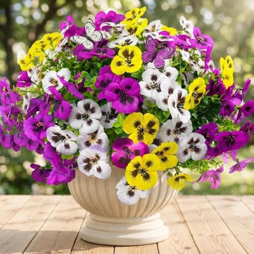 18 Stems Artificial Pansies Flowers 18Pcs with Butterfly Purple White Yellow gallery