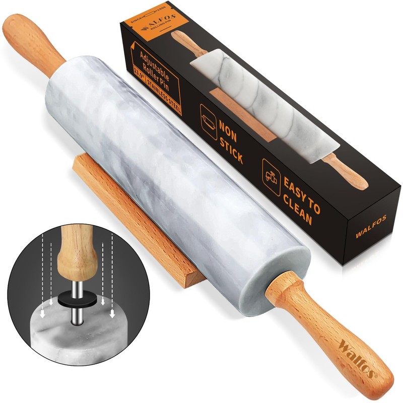 Marble Rolling Pin With Wooden Handles & Wood Cradle, 16.5 Inch Marble Rollin...