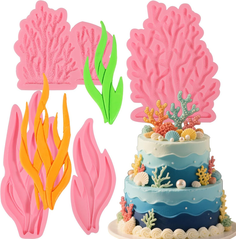 4 Pcs Seaweed Coral Cake Decoration Silicone Mold, Marine Plant Candy Fondant Mo