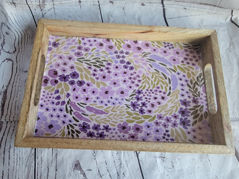 Mango Wood Lilac Purple Floral Acrylic Top Serving Tray Decrative Tray Makeup gallery