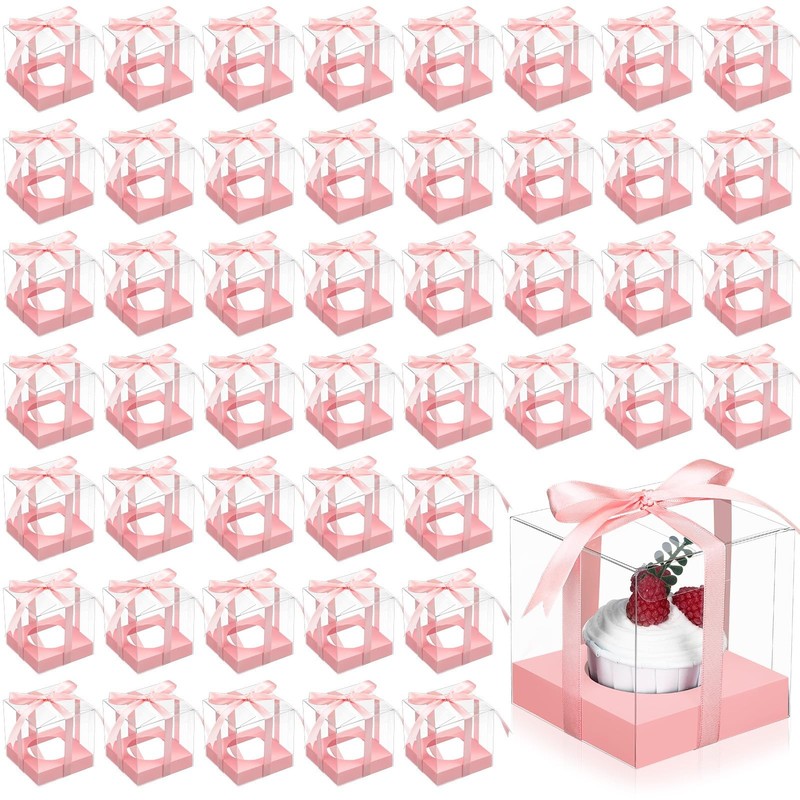 50 PCS Pink 3.5 Inch Clear Plastic Individual Single Cupcake Boxes With Inserts