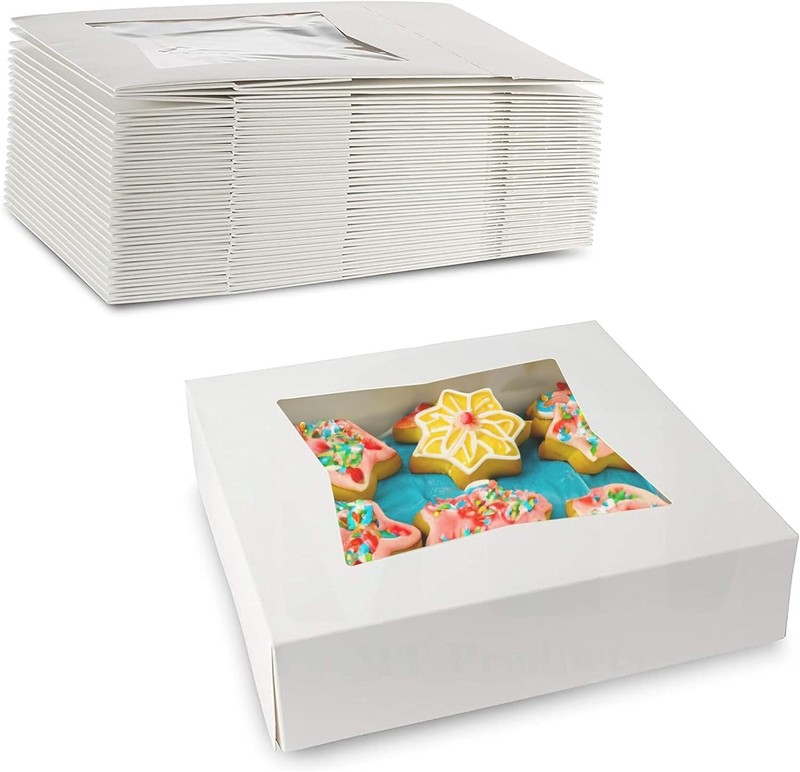 MT Products Cookie Box 8″ x 8″ x 2.5″ White Bakery Box with Window – Pack of 25