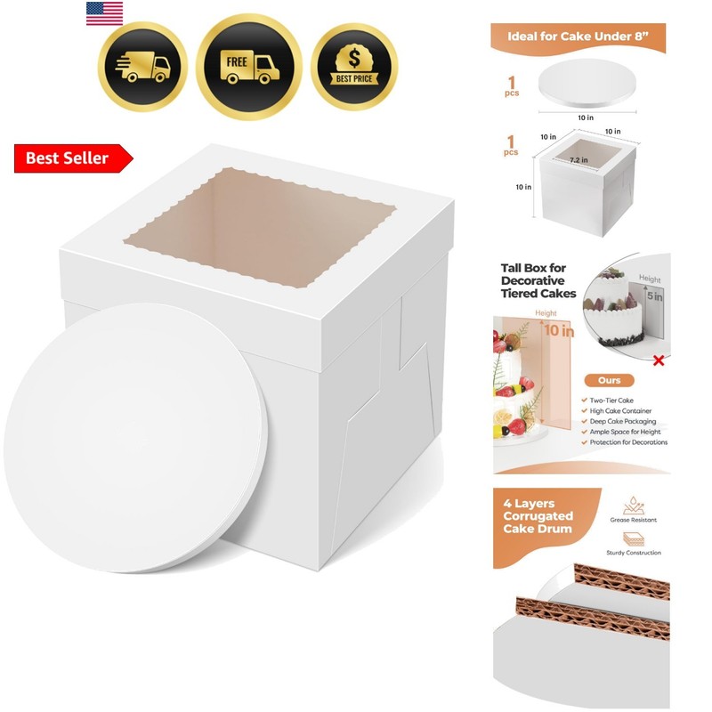 Cake Box with Board Drum, 10x10x10 Inches Tall Bakery Box with Window, Dispos…