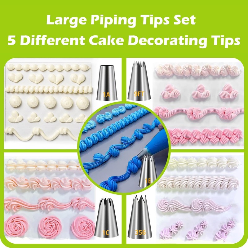 Large Piping Tips Set 5 Pieces Stainless Steel 1A 1E 1C 9FT 356 Frosting Kit gallery