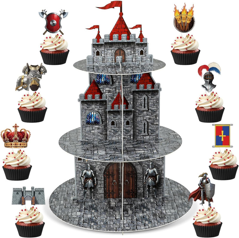 3 Tier Medieval Castle Cupcake Stand Decor with 24 Cake Toppers Knight Birthday