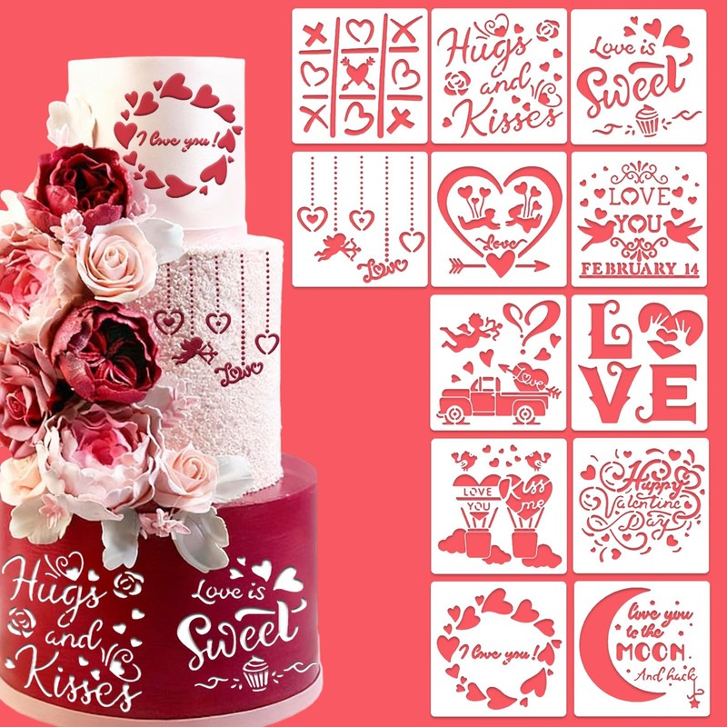 12 PCS Valentines Day Cake Stencils Kit Reusable Cookie Coffee Drawing Decor