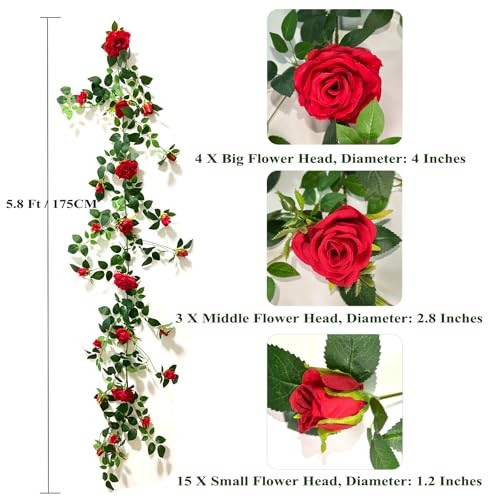 5.9FT Bendable Rose Flower Garlands, Artificial Silk Wild Roses Vine 1 Red gallery