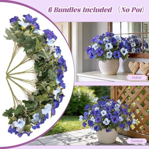 6 Pcs Artificial Flowers Fake Petunias for Outdoors, Faux Flowers Double Blue gallery
