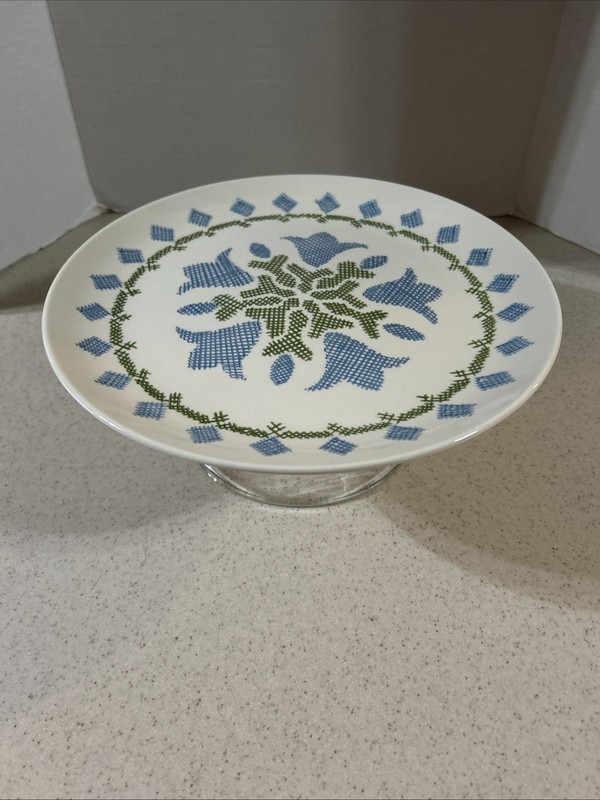 BLUE FLORAL 12" CAKE PLATE STAND W/ CLEAR GLASS PEDESTAL gallery