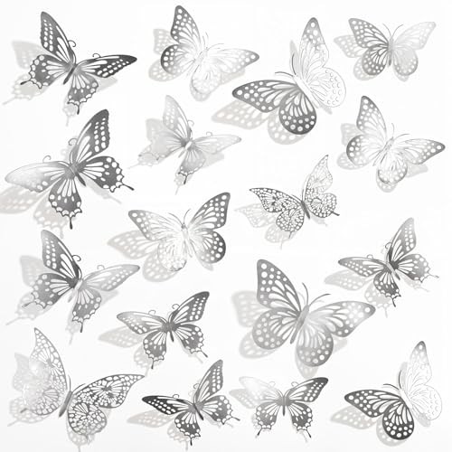 48 Pcs Silver Butterflies, 3D Butterfly Wall Decor 4 Styles 3 Sizes Butterfly