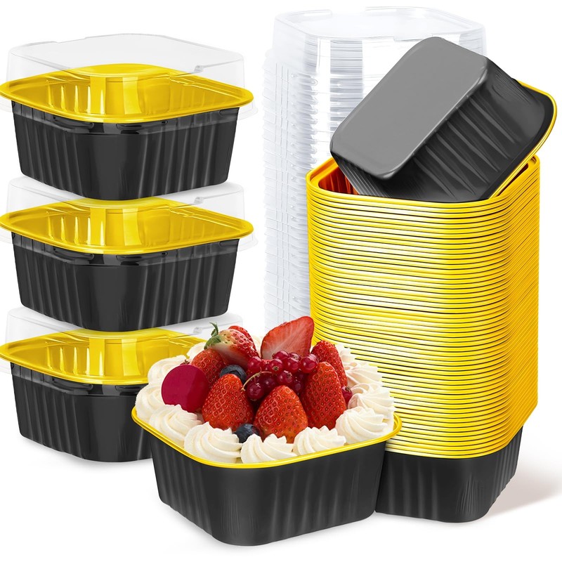 100 PCS 5 Oz Black Gold Mini Cake Pans With Lids Aluminum Foil Baking Cup