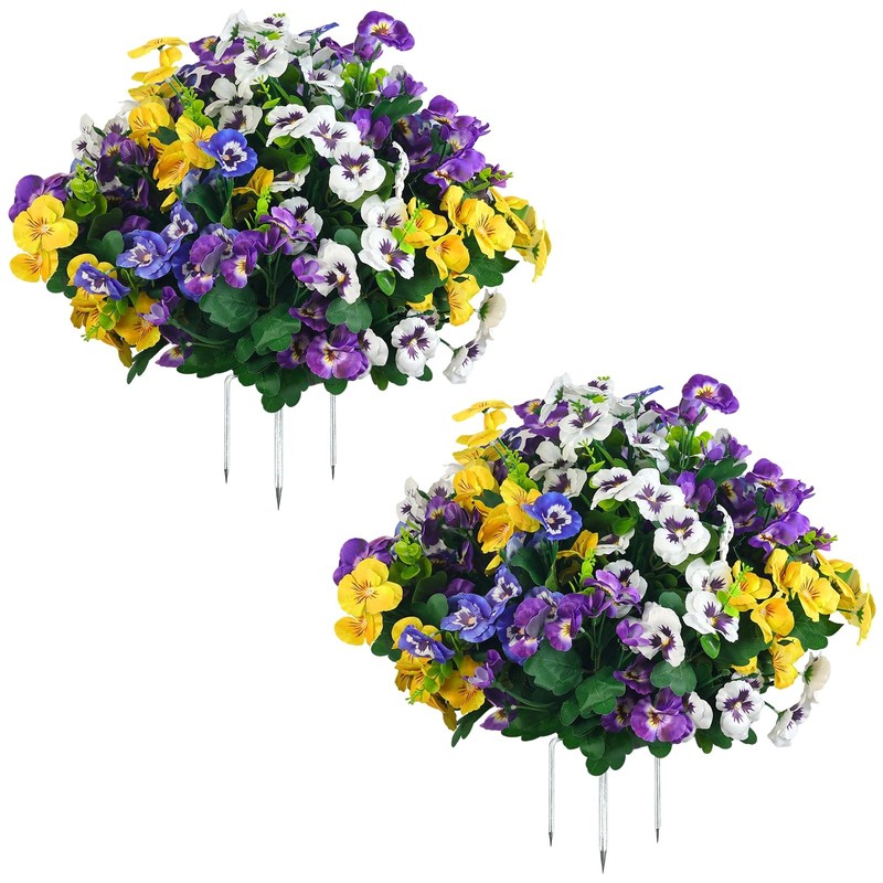 Qianyun Artificial Pansy Flowers Outdoor Pansy Plant Ground Spike 2-Packuv