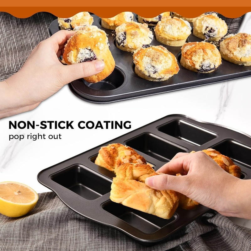 HONGBAKE Nonstick Muffin Pan 12 Cup and Mini Pan+Mini Loaf Pan, Gray gallery