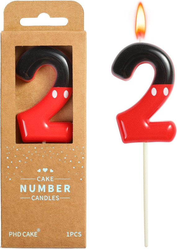 2.76 Inch Cartoon Red and Black 2 Number Birthday Candles, Red Mouse Cake Topper