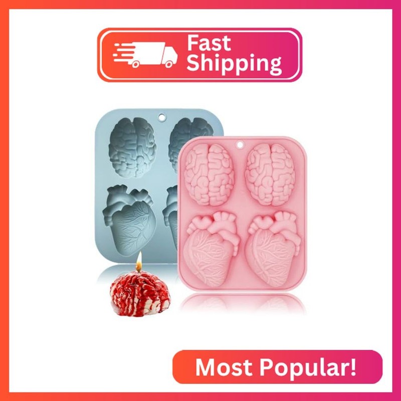 3D Human Brain Heart Silicone Molds, 2 Pack Realistic Halloween Organ Shapes Sil