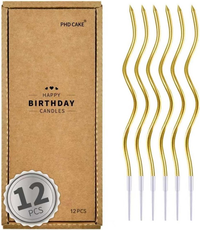 12-Count Gold Spiral Long Thin Metallic Birthday Candles, Cake Candles, Birthday