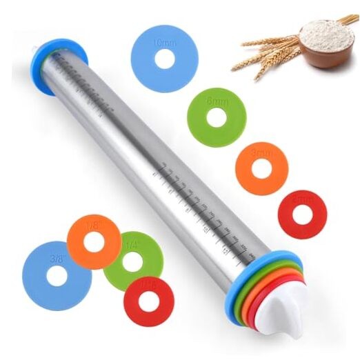 Adjustable Rolling Pin with 4 Thickness Rings for Baking, 17” Stainless Steel