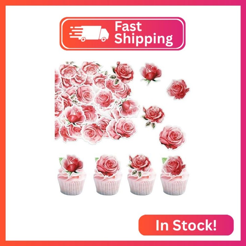 48 PCS Edible Rose Cupcake Toppers – Wafer Paper Rose Cupcake Picks for Roses Th