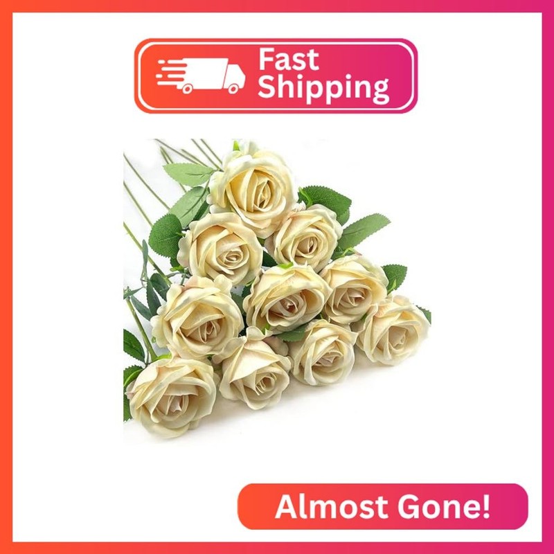 DECEED 10 PCS Artificial Roses with Long Stems Silk Flowers Realistic Foam Flowe