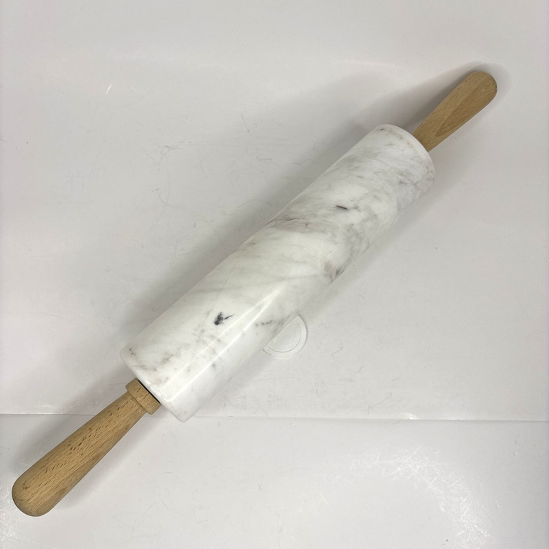 Polished Marble Rolling Pin White Gray 18" Long 10" Barrel Vintage Wood Handles gallery