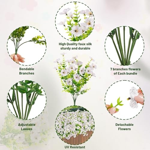 Artificial Flowers for Outdoor, Fake Plastic Plants for 24 Bundles Light White gallery
