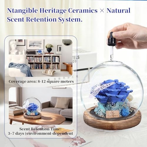 Ceramic Preserved Rose in Glass Dome, Handmade Eternal Ceramic Flower Blue gallery