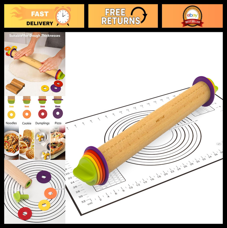 Adjustable Wooden Rolling Pin with Thickness Rings & Silicone Pastry Mat – 13.6″